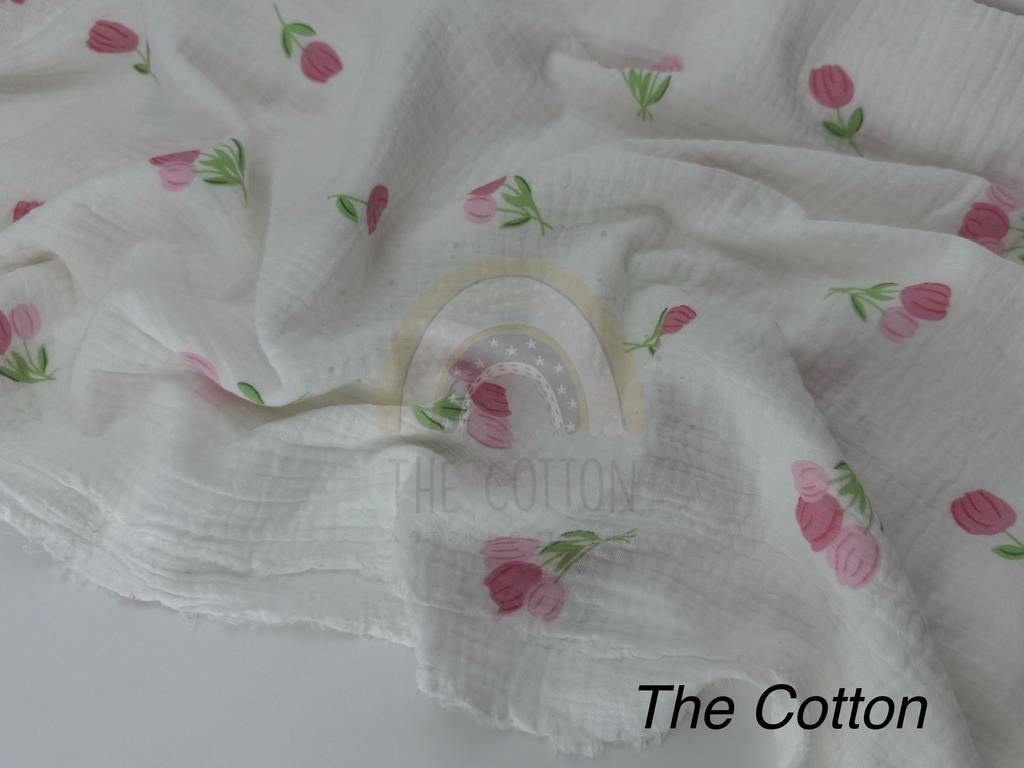 Муслін - Квіти букети рожевих тюльпанів  на молочному