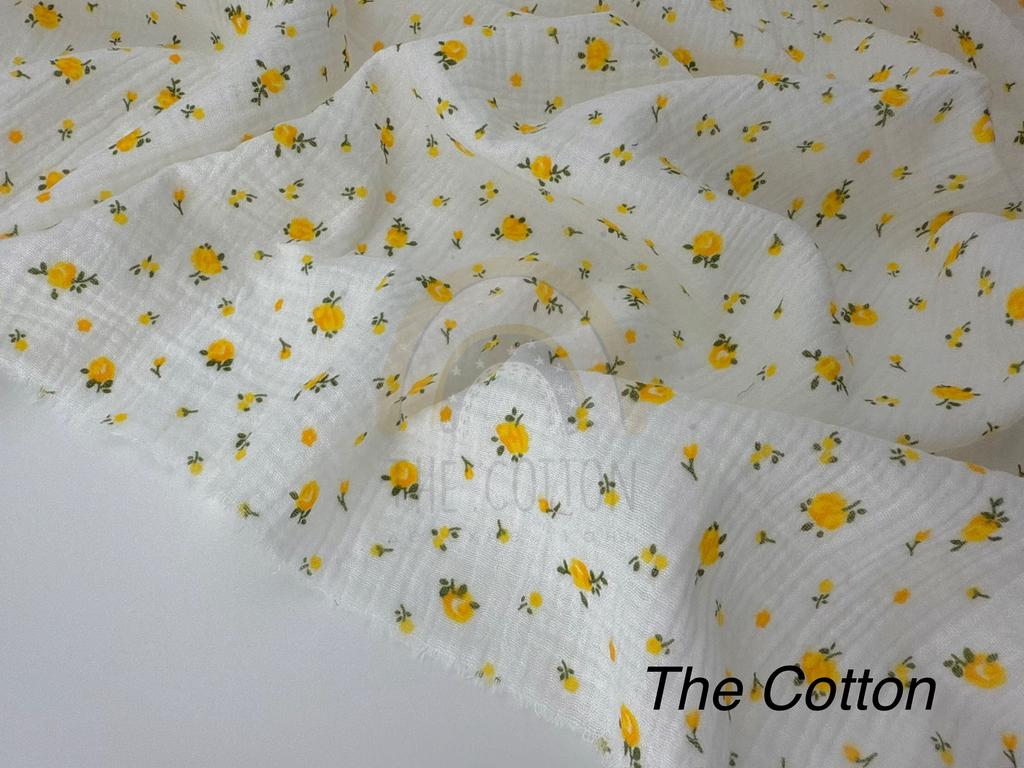 Муслін - Квіти троянди жовті дрібні  на молочному