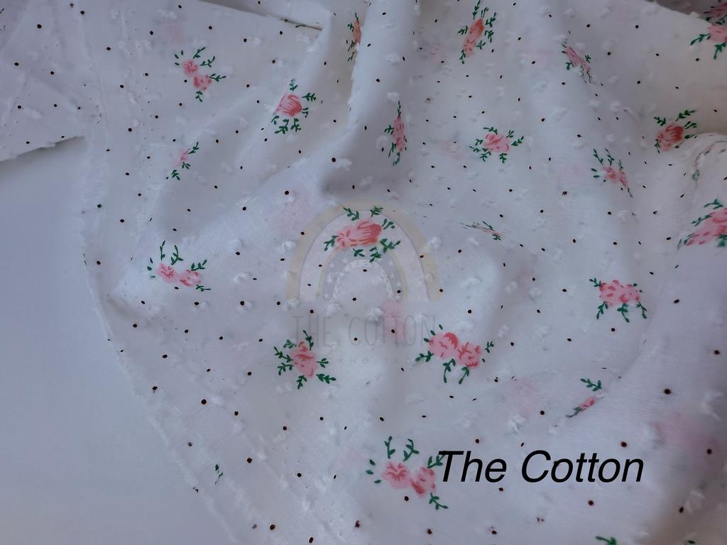 Батист в  мушку - Квіти рожеві на білому