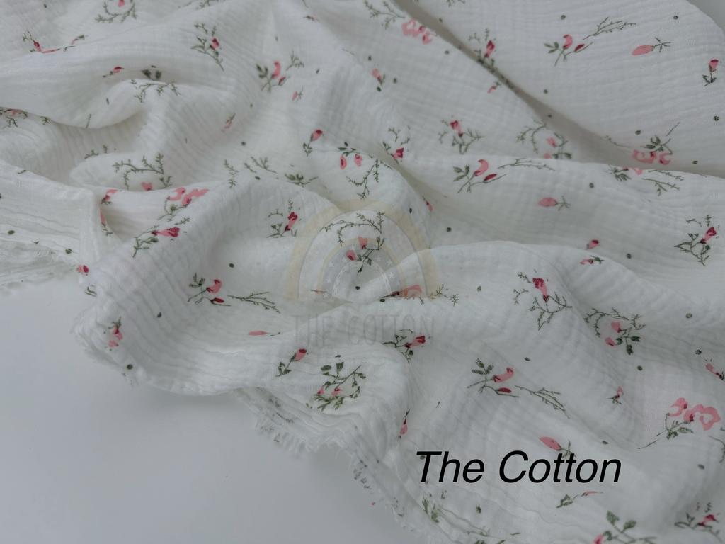 Муслін двошаровий - Квіти прованс рожевий  на молочному