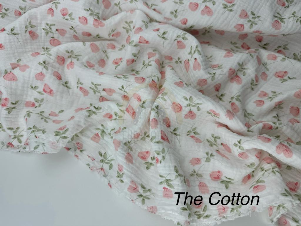 Муслін двошаровий - Квіти дзвіночки рожеві на  молочному