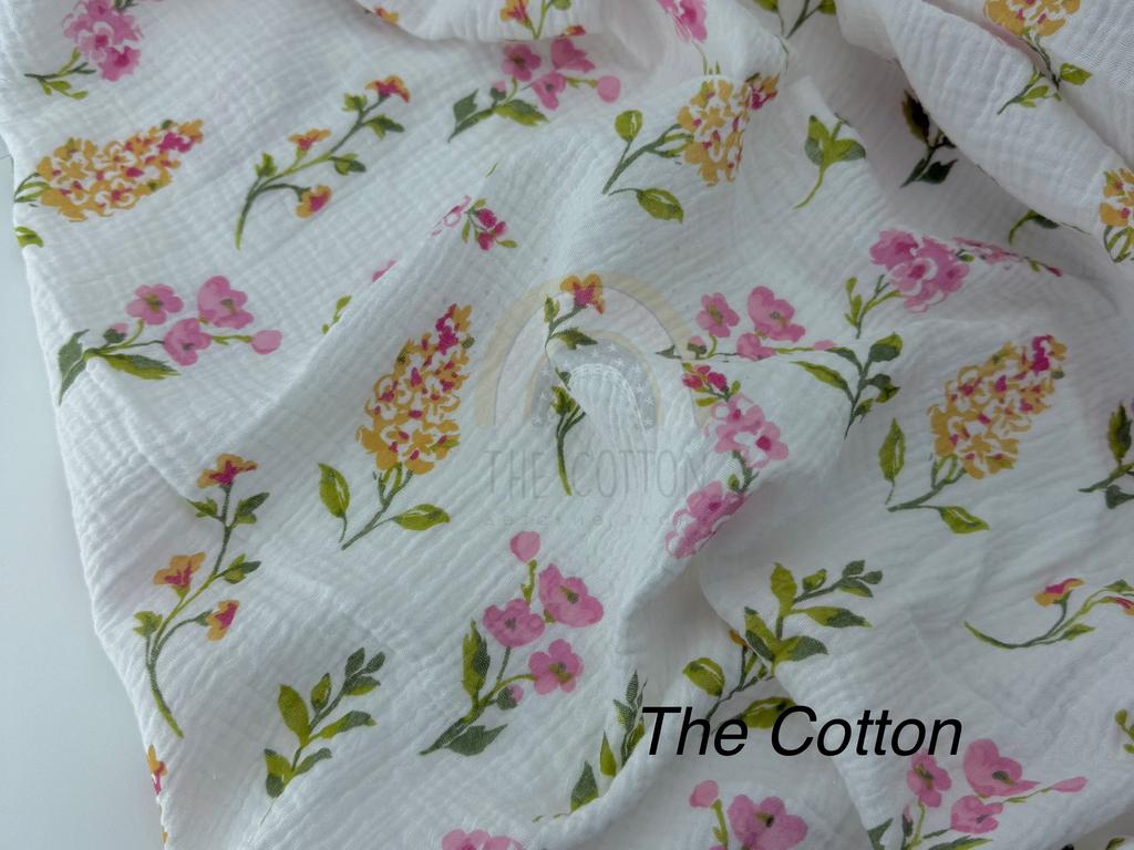 Муслін двошаровий - Квіти гліцинія кольорова на білому