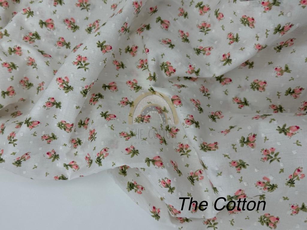 Батист в  мушку - Квіти трояндочки рожеві на стеблі з листочками  на молочному