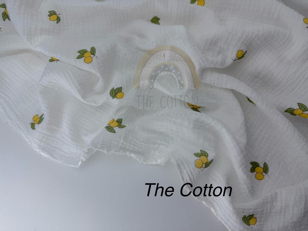 Муслін двошаровий - Лимони з листочками  на молочному
