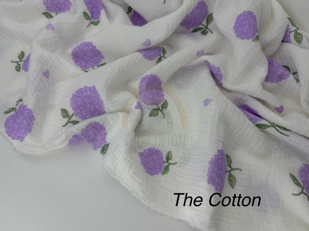 Муслін двошаровий - Квіти фіолетові гортензії з сердечками на молочному