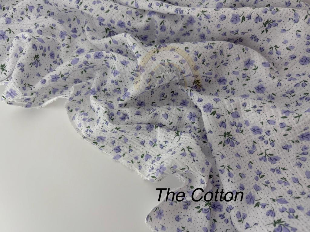 Муслін - Квіти фіолетові з крапорчками на молочному