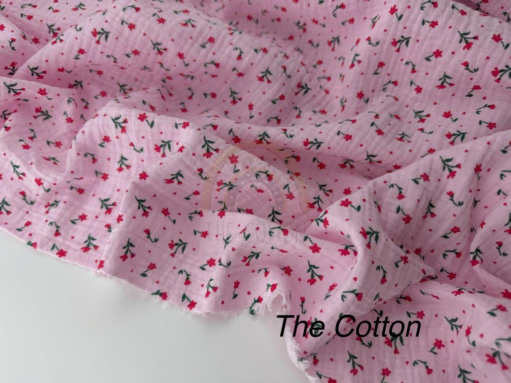 Муслін - Квіти дрібні червоні на світло-рожевому