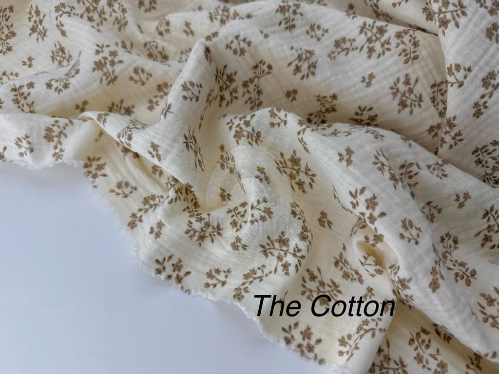 Муслін - Квіти листочки бежеві на айворі