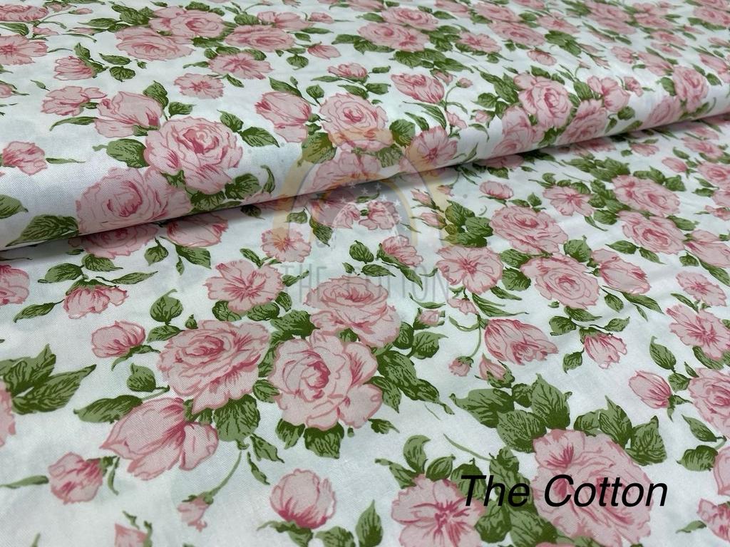 Бавовна Сатин - Пишні рожеві троянди на молочному