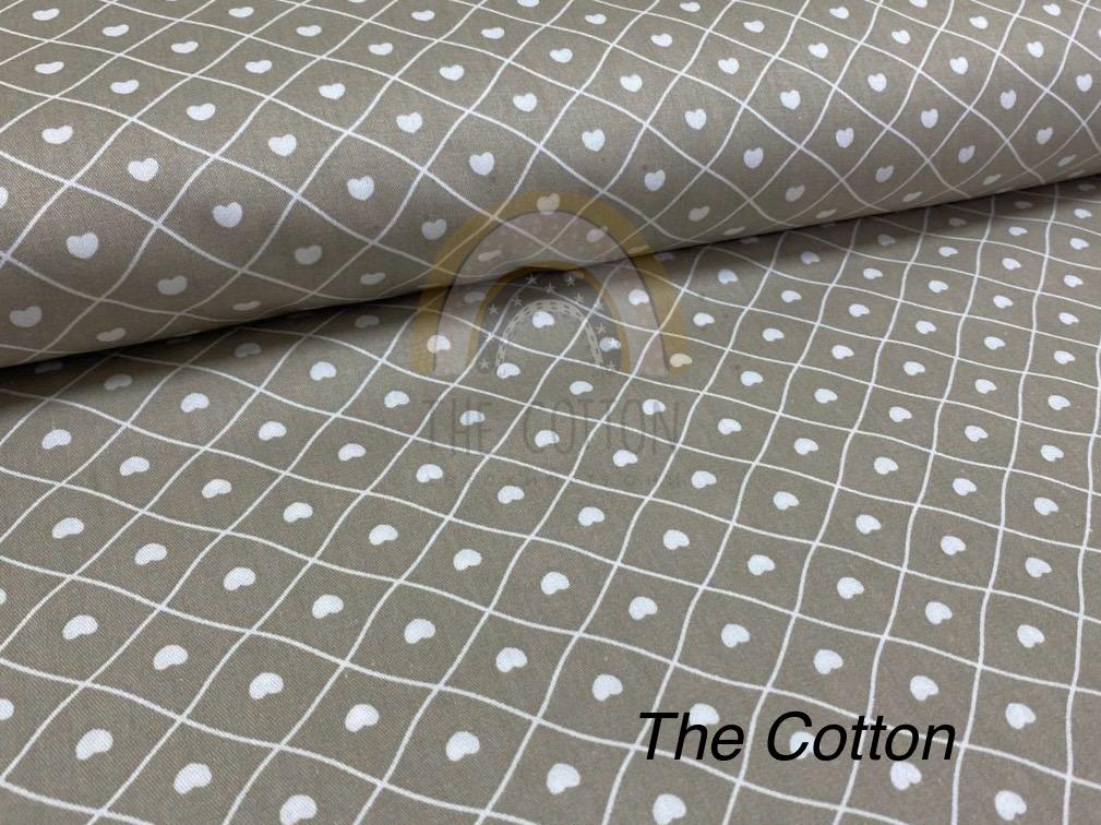 Бавовна Сатин - Білі сердечки з білою полоскою на кавовому