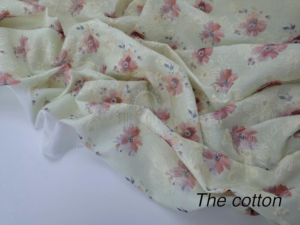 Батист вишивка - Вишивка квіти акварельні рожеві на лимонному C189