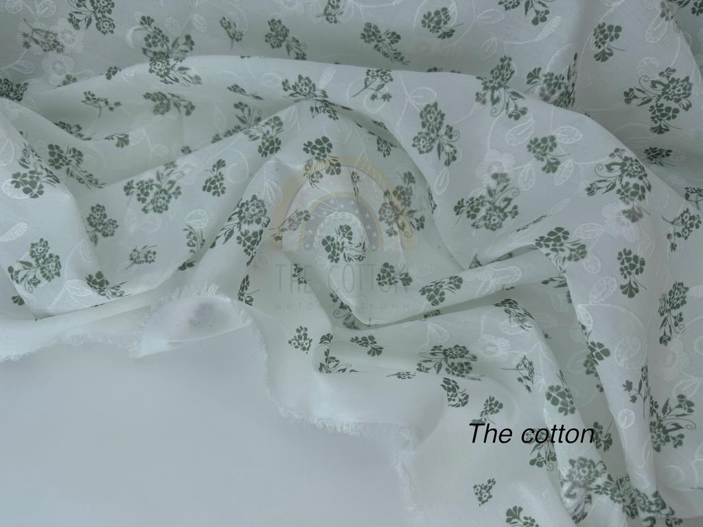 Батист вишивка - Вишивка квіти зелені на молочному C18501