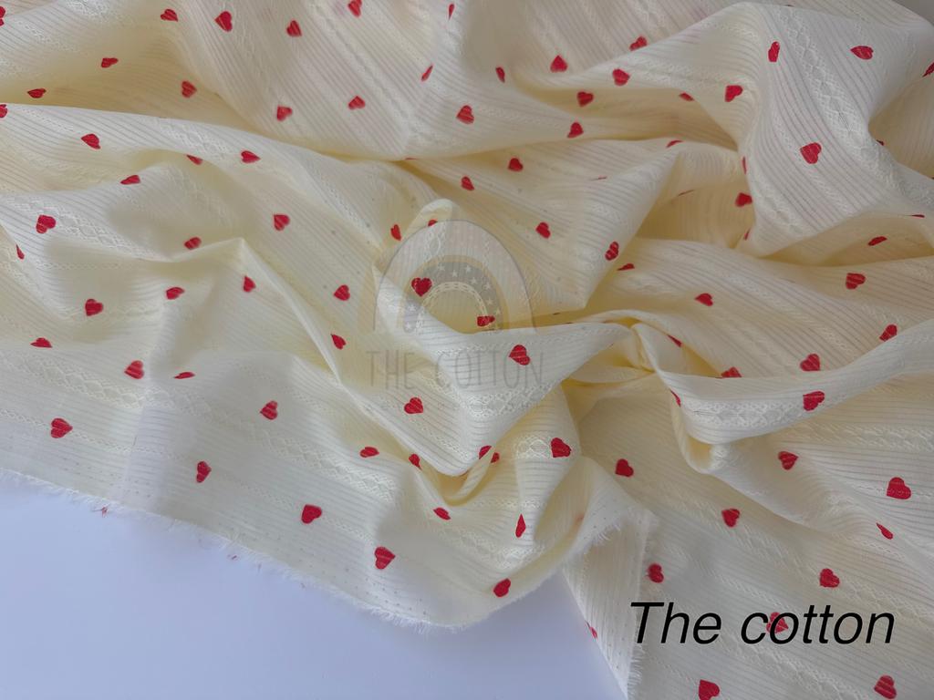 Батист вишивка - Вишивка сердечки червоні дрібні на лимонному BESS-C00002