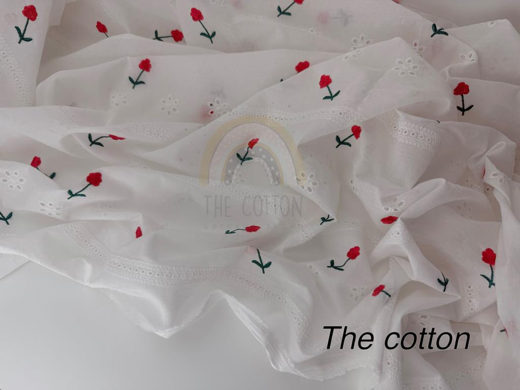 Батист вишивка - Вишивка квіти червоні вишиті на молочному C027