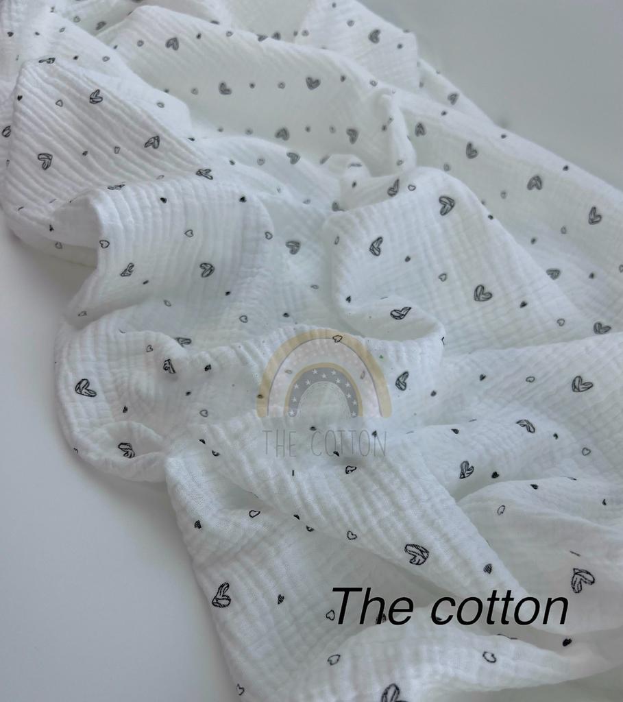 Муслін двошаровий - Серця мальовані чорні на молочному