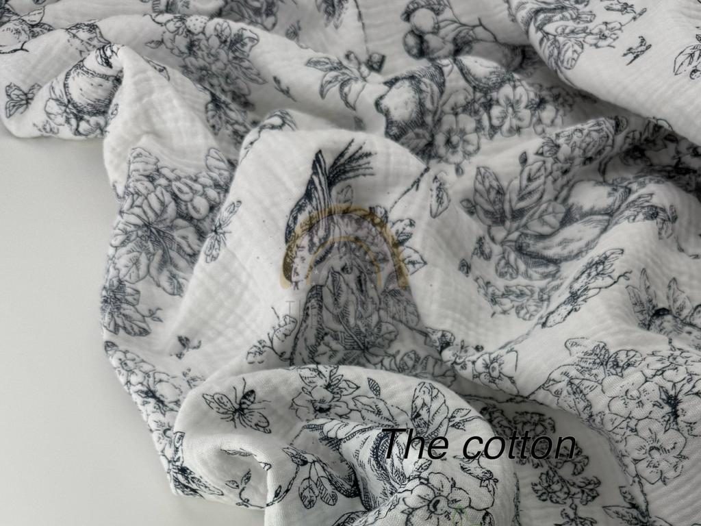 Муслін двошаровий - Квіти етюди природи сині на молочному