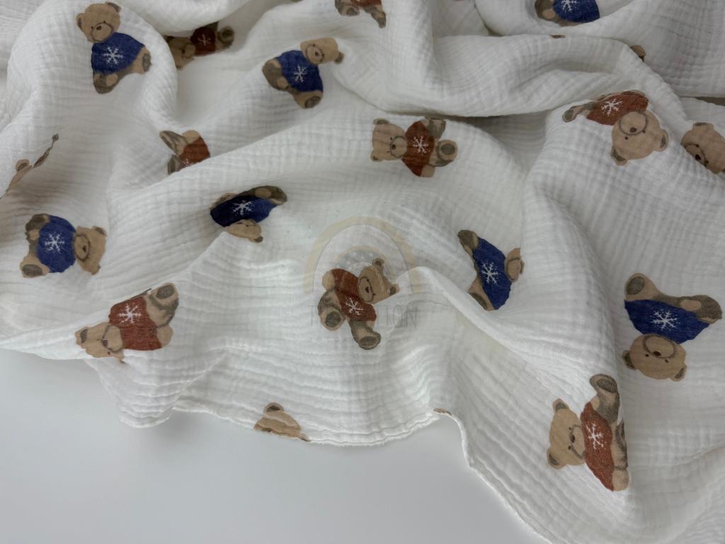 Муслін двошаровий - Звірі ведмедик  на білому (М 2039 С2)