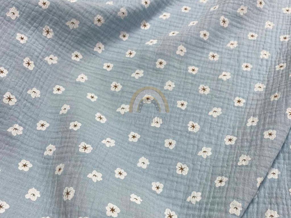 Муслін двошаровий - Квіти білі анемони  на блакитному