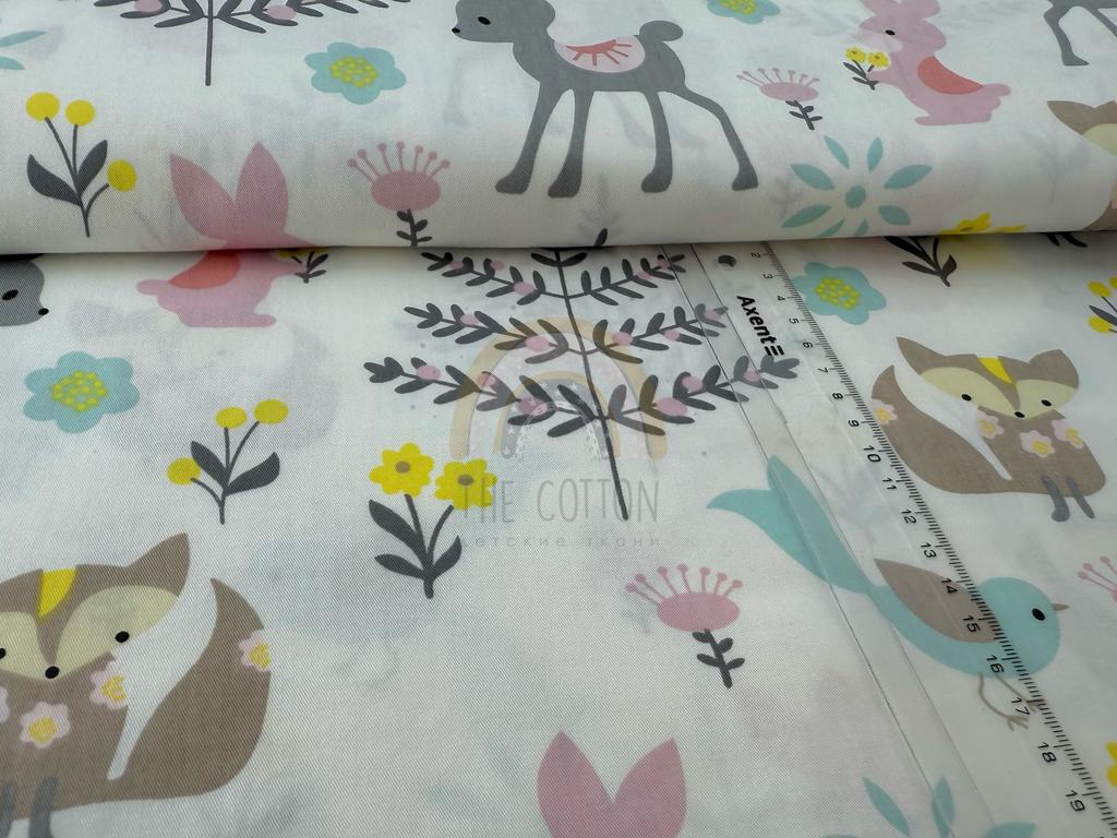 Бавовна Сатин - Звірі лісові та квіточки на білому SP 1017