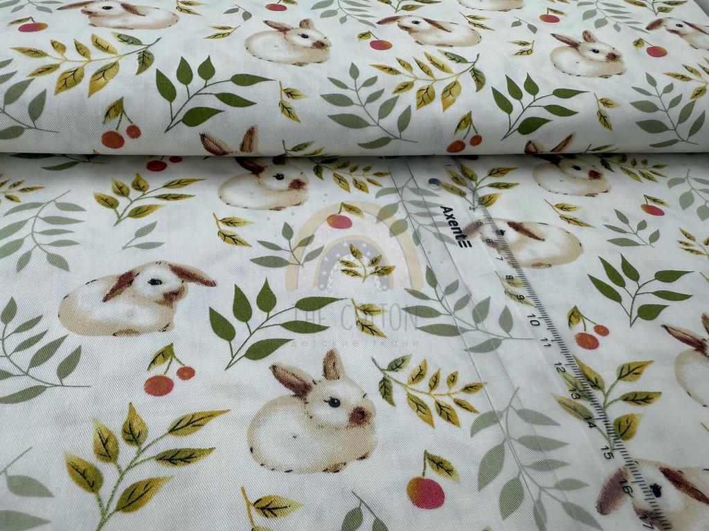 Бавовна Сатин - Звірі зайчики з листочками на білому SP 1019