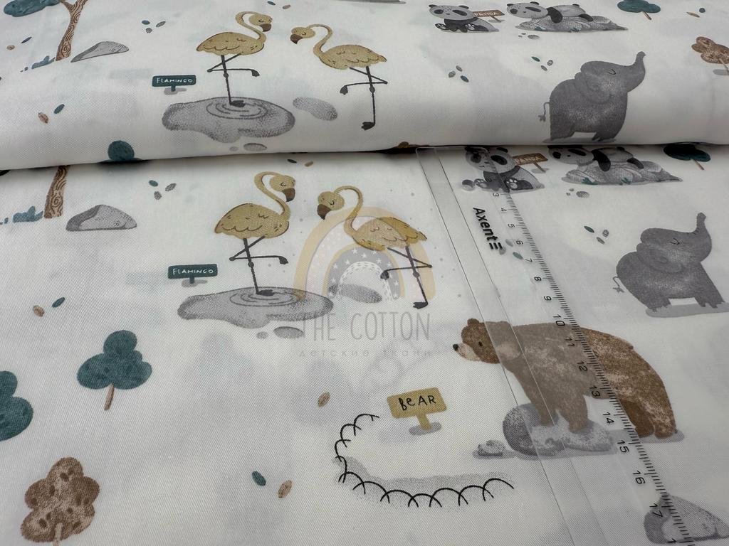 Бавовна Сатин - Звірі слон, панда, ведмедик на білому SP 1033