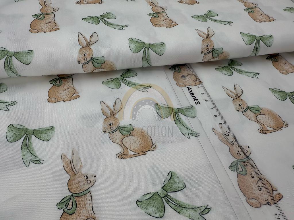 Бавовна Сатин - Звірі зайчики з зеленим бантом на білому SP 1037