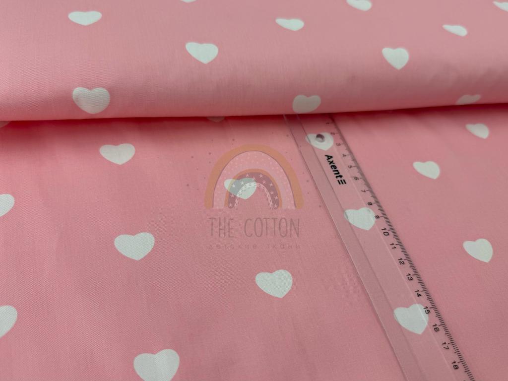 Бавовна Сатин - Cередні білі сердечка на рожевому SP 1039