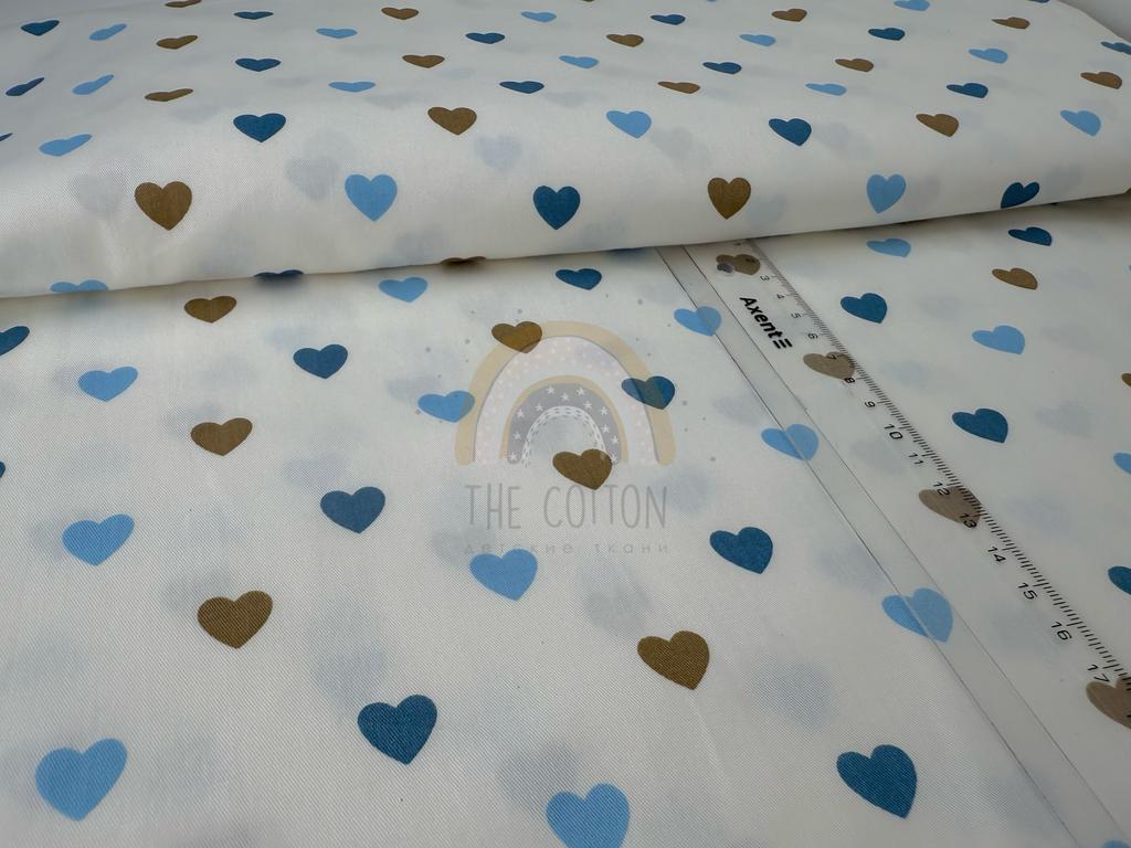 Бавовна Сатин - Cердечка блакитні, сині, коричневі  на білому SP 1042