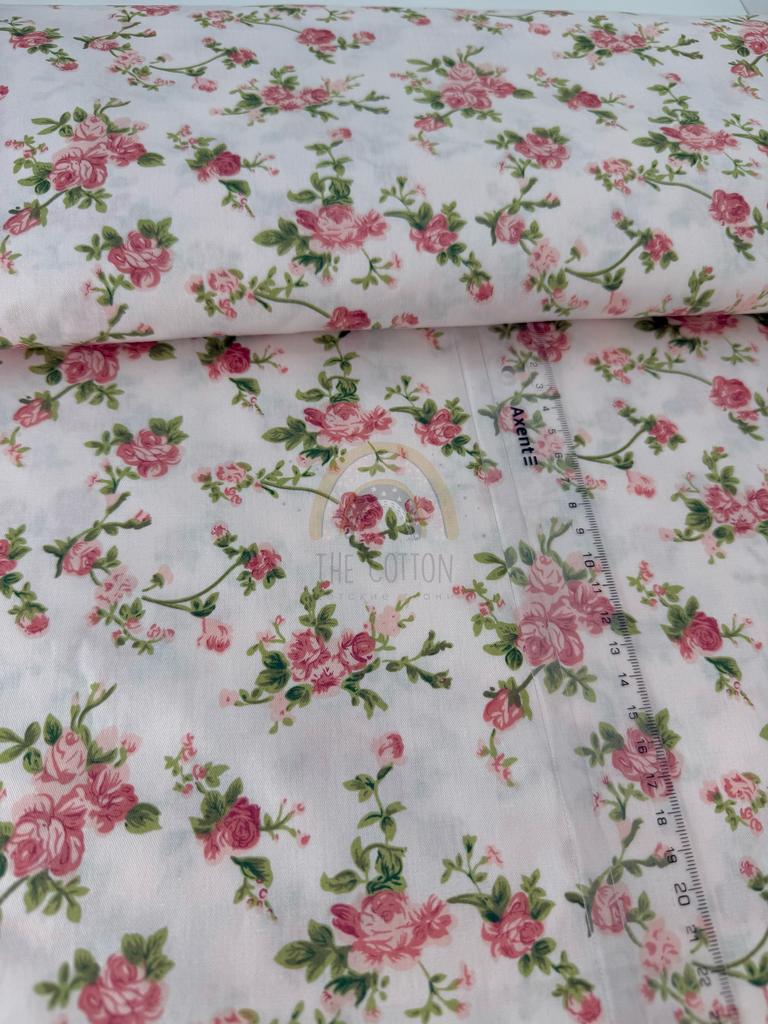 Бавовна Сатин - Квіти кущові троянди рожеві на білому SP 1045