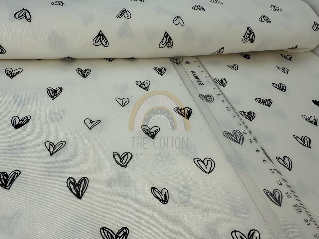 Бавовна Сатин - Середні чорні сердечка на білому SP 1048