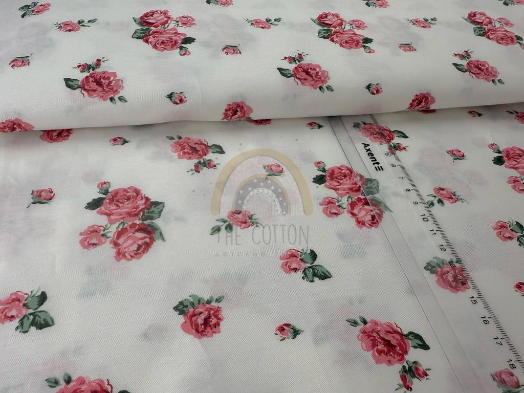 Бавовна Сатин - Квіти троянди рожеві на білому SP 1049