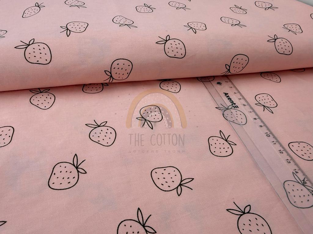 Бавовна Сатин - Чорні контурні полунички на рожевому SP 1050