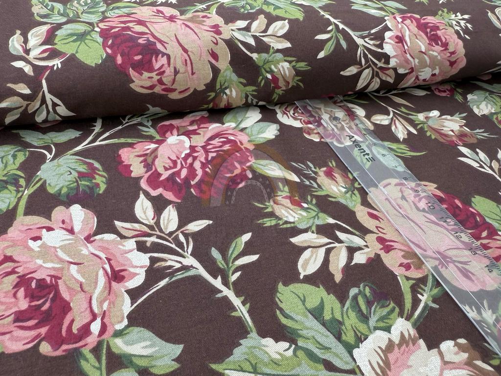 Бавовна Сатин - Квіти троянди великі на темно-коричневому SP 1053