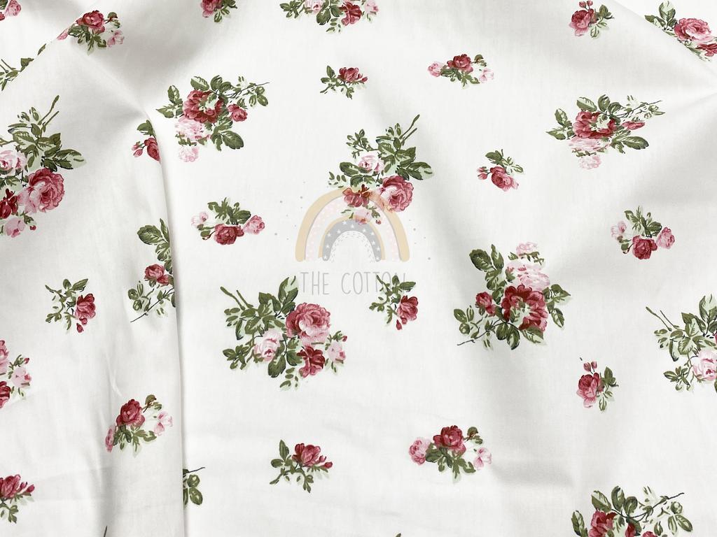 Бавовна Сатин - Квіти троянди кущові маленькі на білому SP 1072