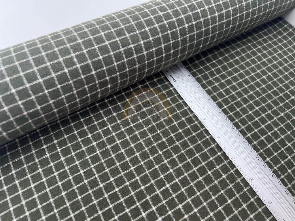 Сорочкова фланель  -  Сорочкова тканина принт клітинка біла на оливковому