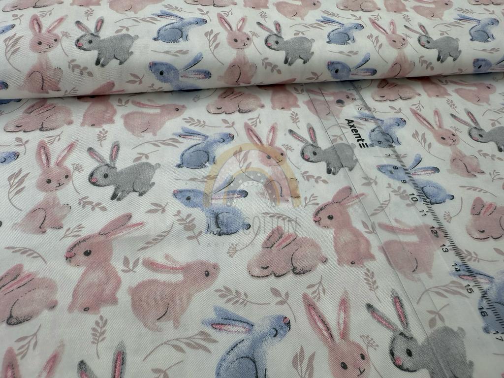 Бавовна Сатин -  Звірята зайчата рожеві, сірі, блакитні на молочному SP 1074