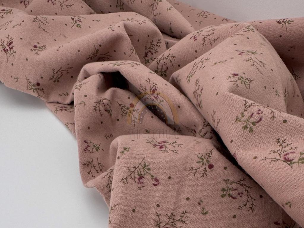 Фланель - Тепла бавовна - Квіти гілочки троянди з крапочками на пудровому