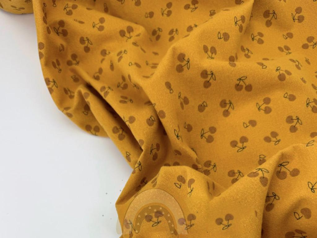 Фланель - Тепла бавовна - Фрукти,ягоди, овочі вишеньки на гірчичному