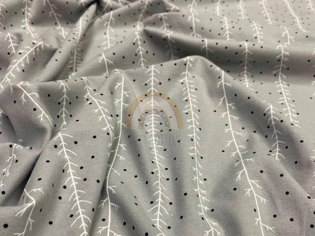 Фланель - Принт рослинний гілочки з крапочками на сірому