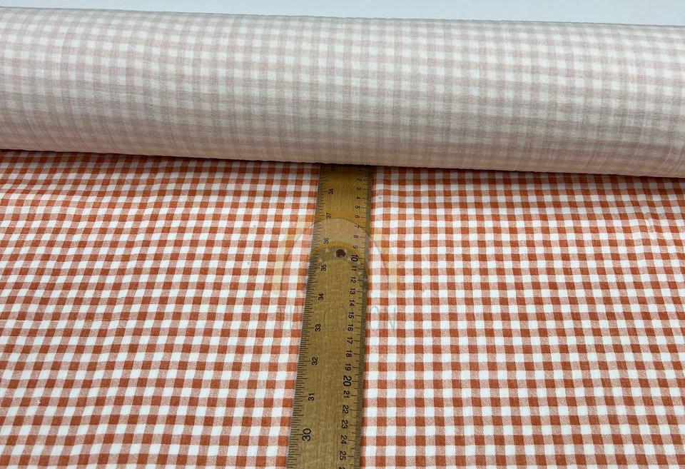 Муслін двошаровий - Принт геометричний клітинка бежева на молочному