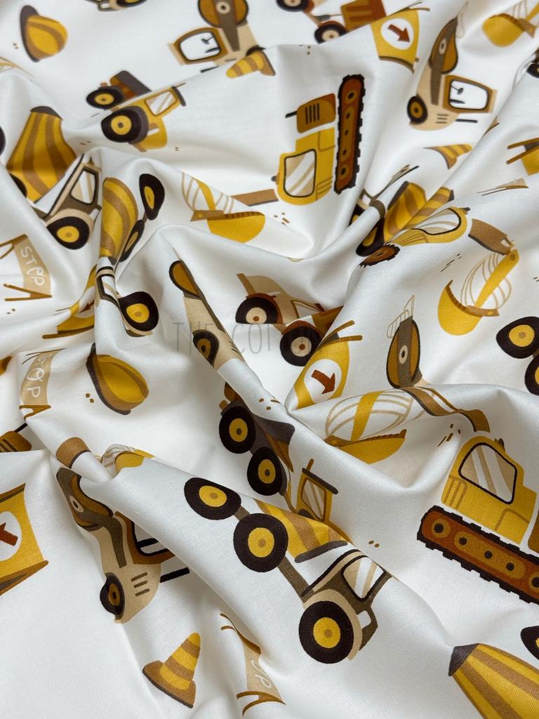 Бавовна Сатин - принт дитячий трактора, грузовики, техніка авто на молочному SP 1217