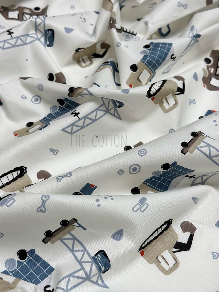 Бавовна Сатин - Принт дитячий машинки, авто, грузовички сині на молочному SP 1201