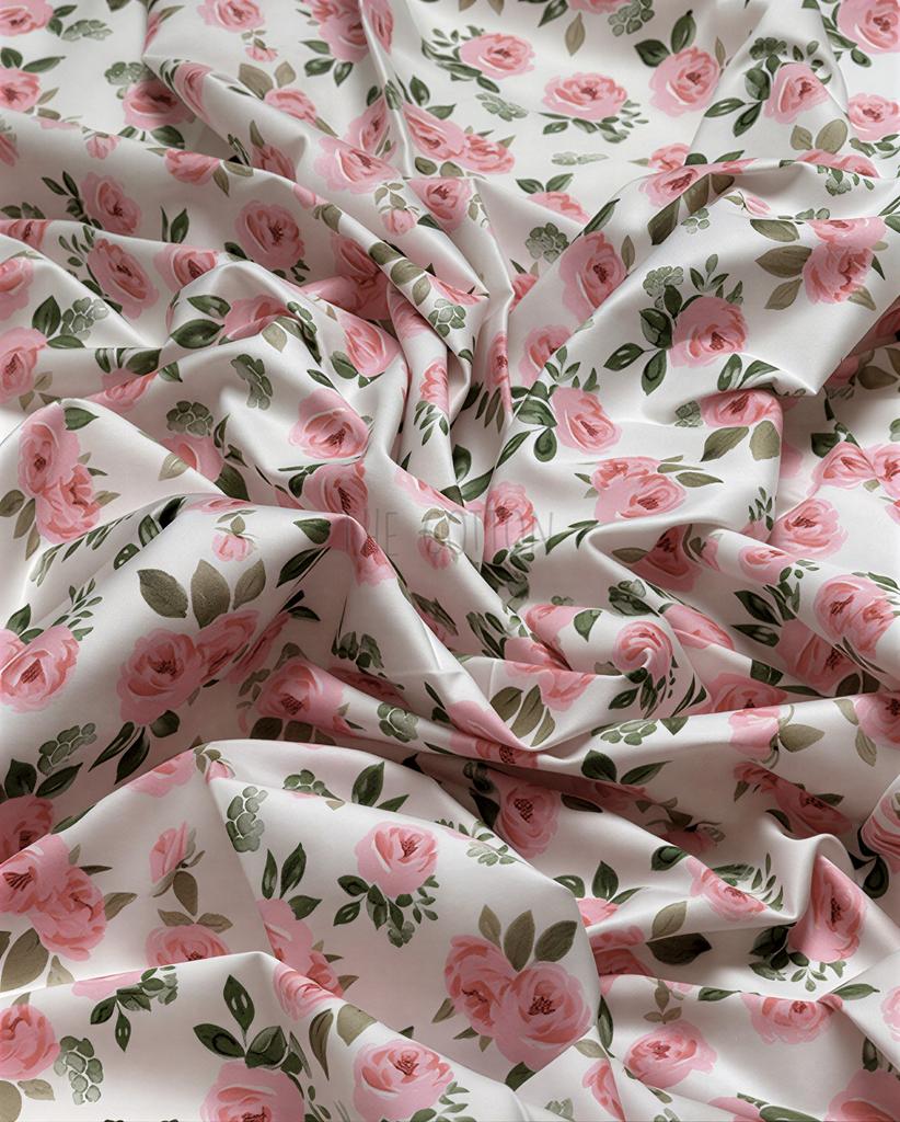 Бавовна Сатин - Принт квіти рожеві акварельні троняди на молочному SP 1133