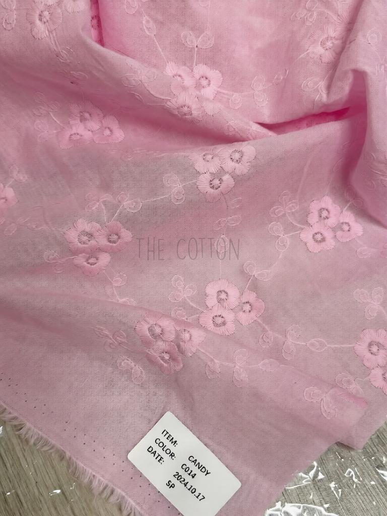 Батист вишивка набивна - принт квіти ромашки на рожевому BV 0124