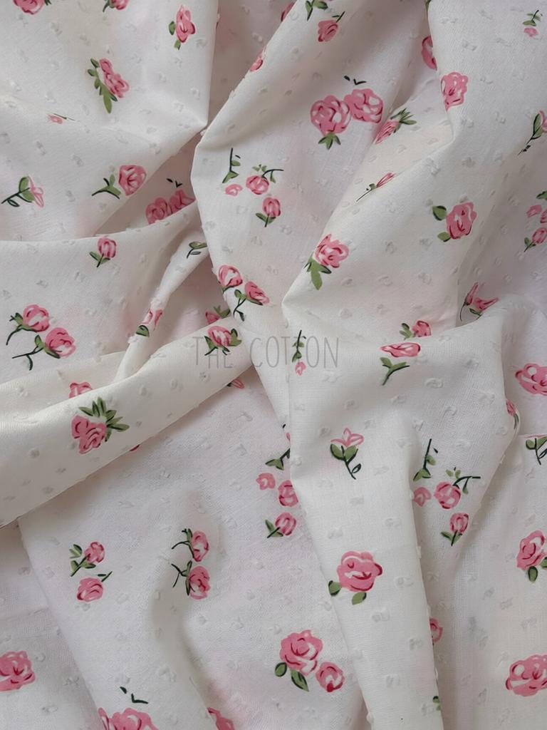 Батист в  мушку - Квіти троянди рожеві на молочному BM 0331
