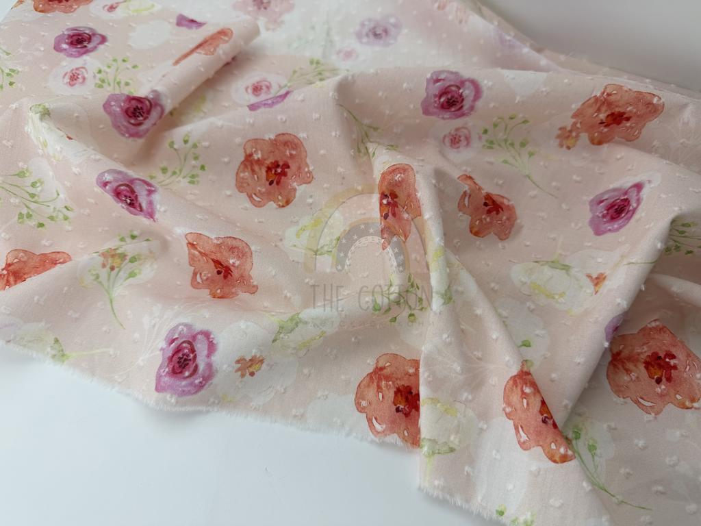 Батист в  мушку - Квіти акварельні різнокольорові на пудровому BM 0360