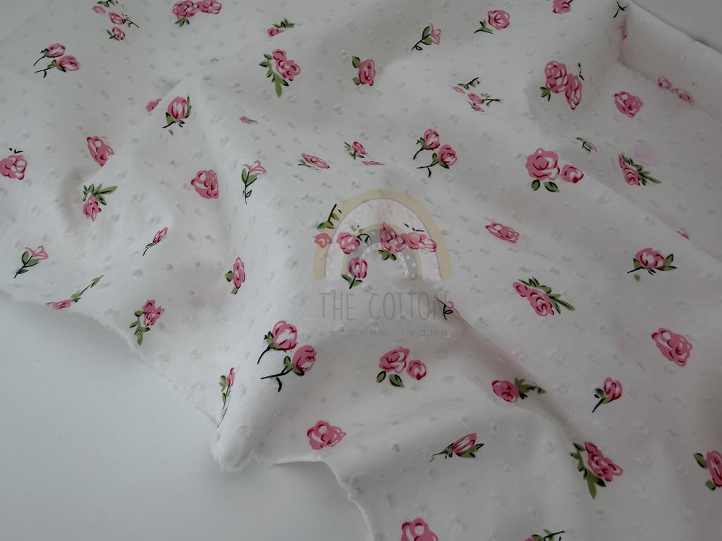 Батист в  мушку - Квіти троянди рожеві на молочному  BM 0331