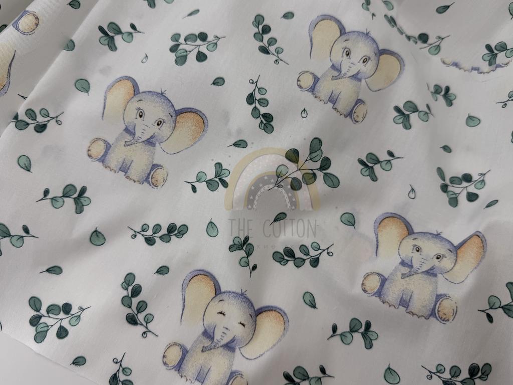 Бавовна Сатин - Принт звірята слоники з евкаліптовими листочками на молочному SP 1169