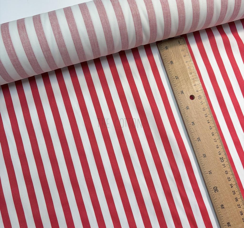 Бавовна Сатин - геометричний смужка червона ( 1см) на молочному SP 1345