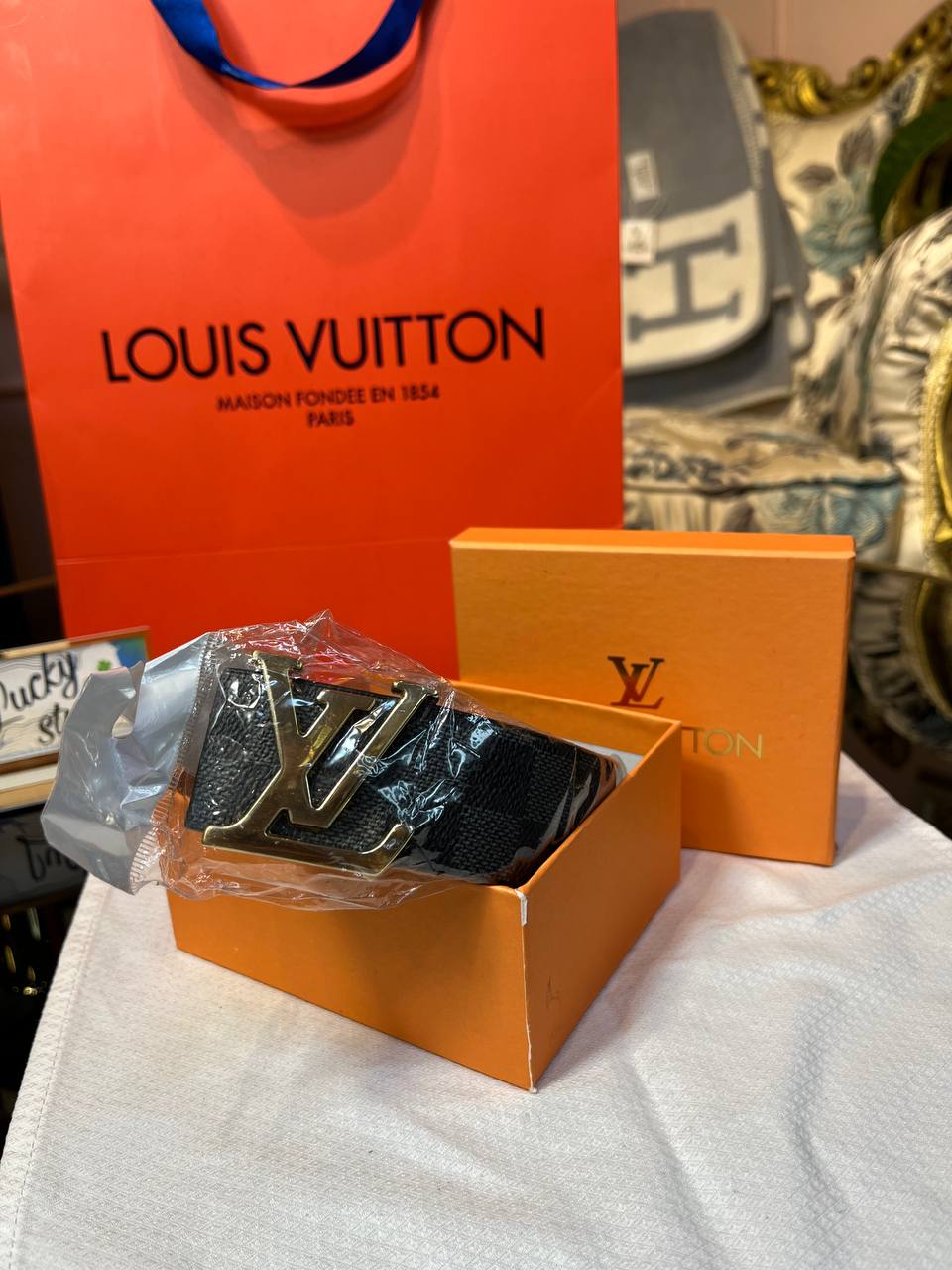 Ремень серая шашка LV Gold 0672